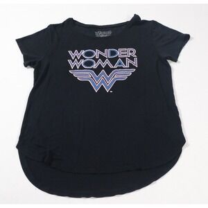 Wonder Woman T-Shirt Womens M Black Graphic Logo High Low Hem Polyester Blend